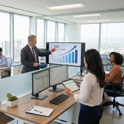 Business team reviewing ROI results