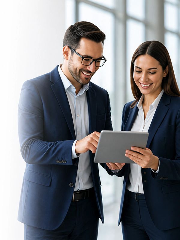 Two professionals in business suits smiling while using a digital tablet.