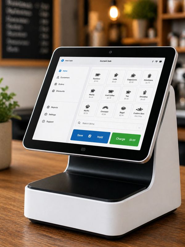 Modern touchscreen point-of-sale system on a wooden counter in a cafe.