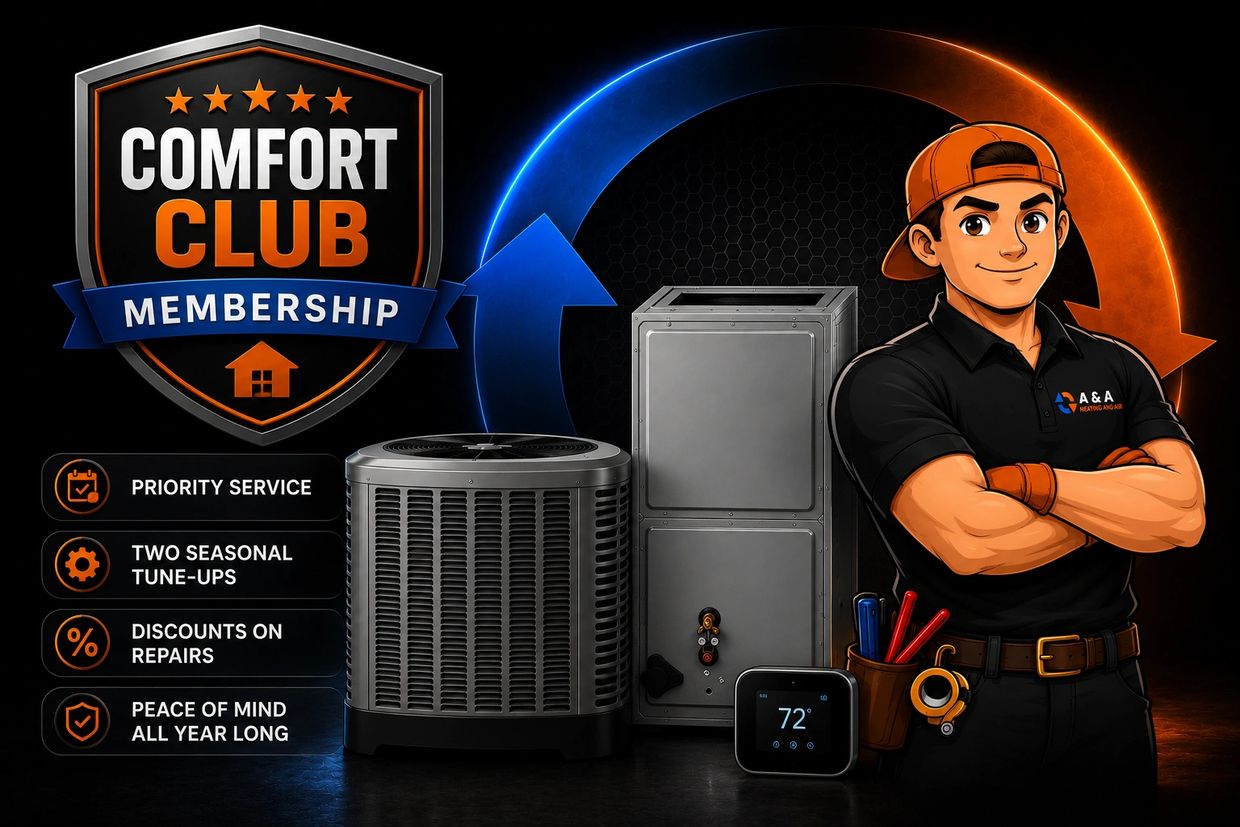 Comfort Club membership benefits with HVAC service character.