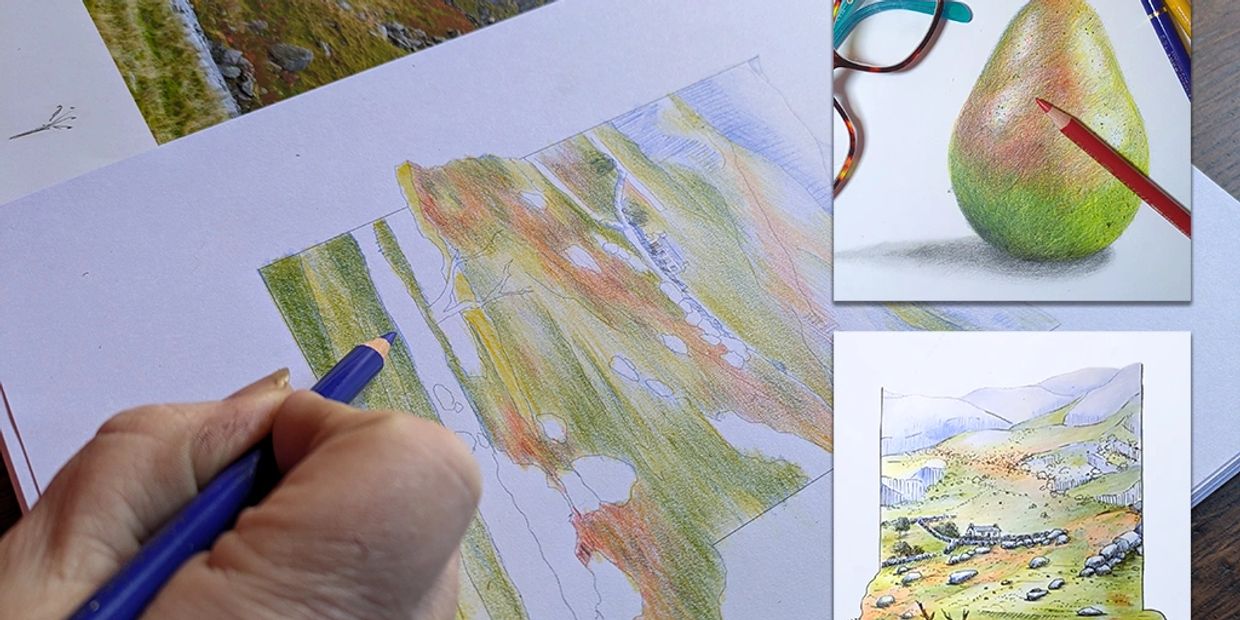Carleen drawing a Snowdonia landscape. Inserts on the right show 2 finished pieces of art.