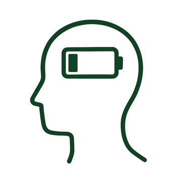 Head outline with low battery symbol inside, depicting burnout