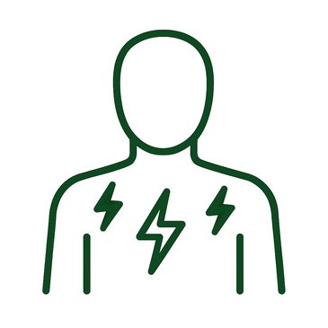 Upper body outline with lightening symbols inside, depicting fibromyalgia pain in the body