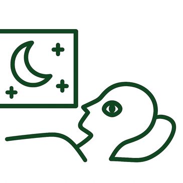 Insomniac lying in bed eyes open. moon and stars visible in window indicating night time.