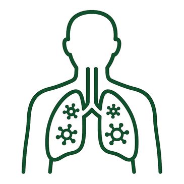 Upper body outline, lungs visible with virus microbes inside, depicting long covid virus