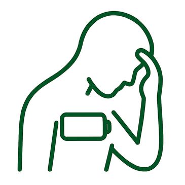 Upper body outline, with empty battery symbol inside. Head is bowed forward, hand on forehead - M.E.