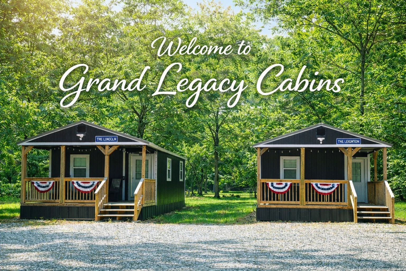 Two cozy cabins at Grand Legacy Cabins surrounded by lush green trees.