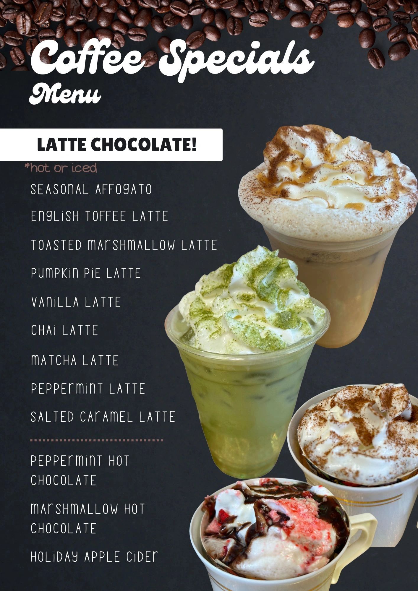 Coffee Specials menu featuring various flavored lattes and hot chocolates.