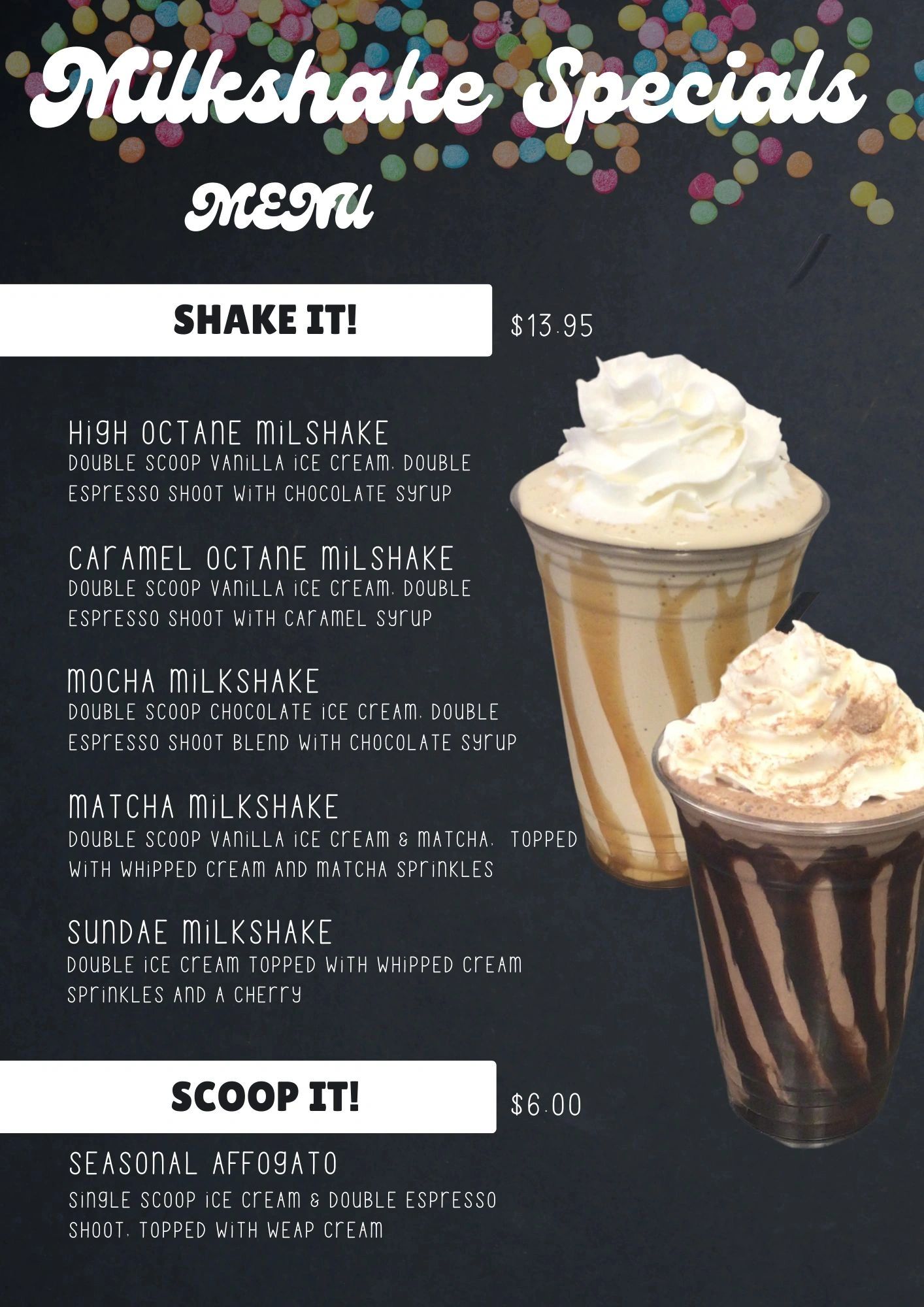 Milkshake specials menu with various flavors and prices.