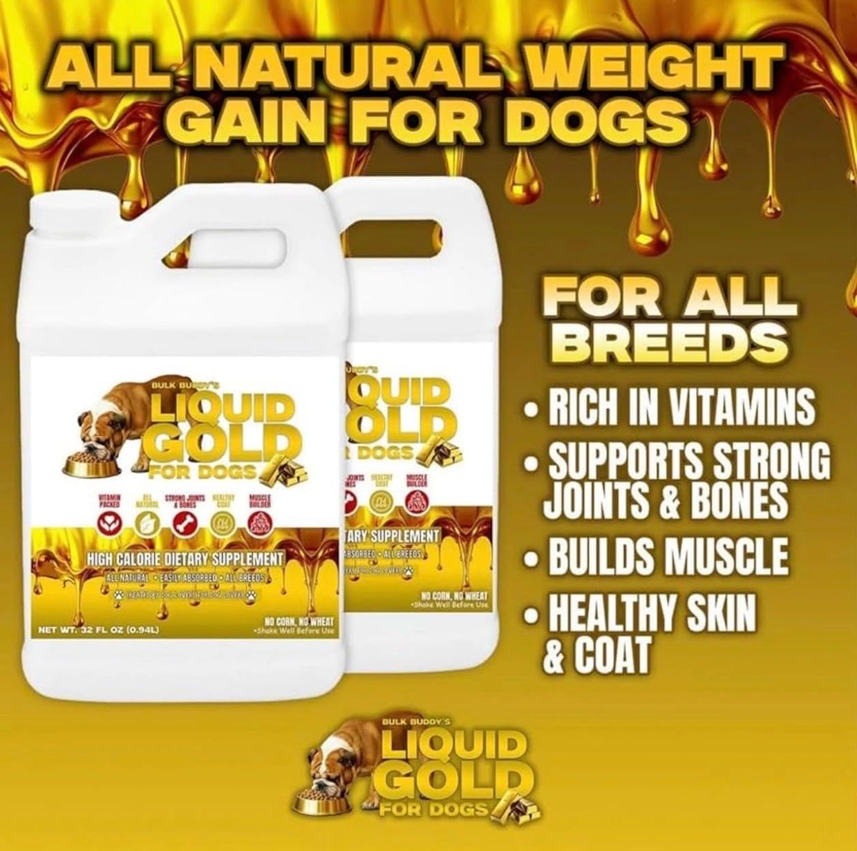 All natural weight gain supplement for dogs supporting vitamins, joints, muscles, and skin.