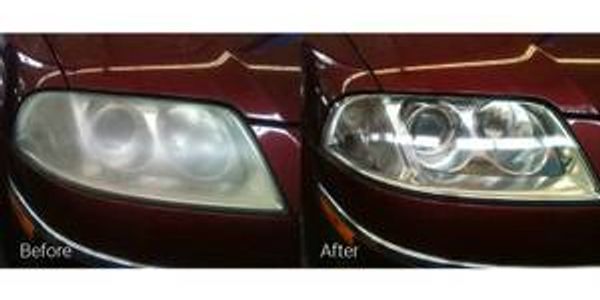 Comparison of car headlights before and after restoration.