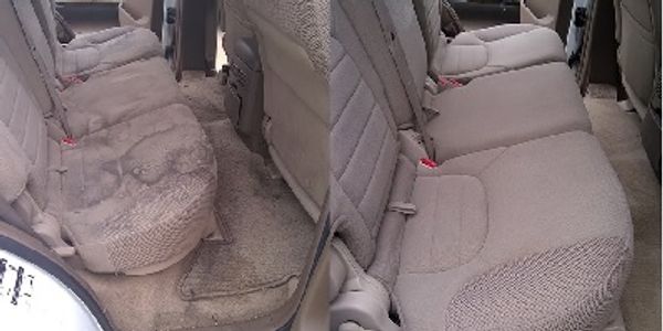 Before and after cleaning of a car's back seat showing a significant improvement.