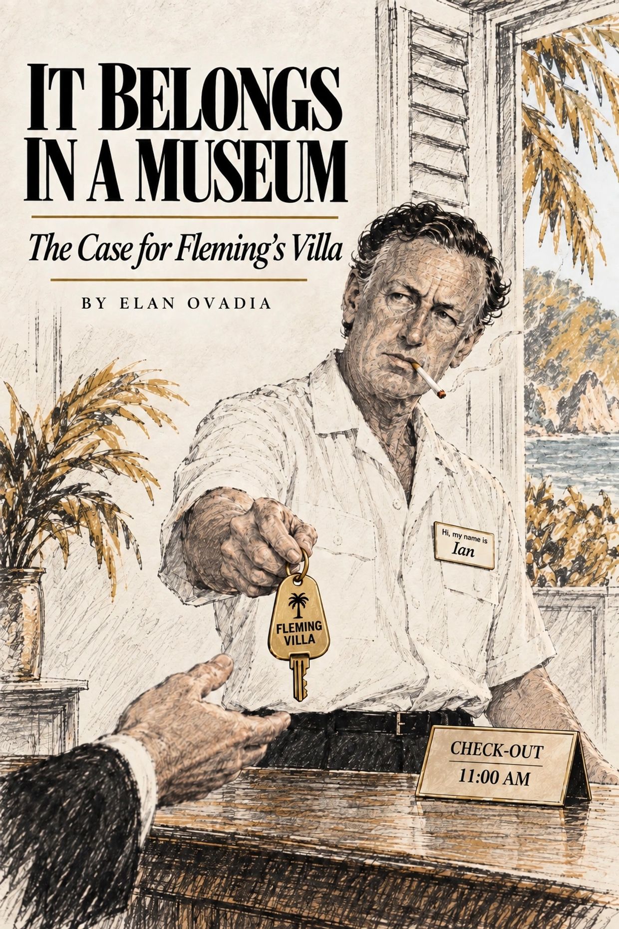Illustration of a man named Ian handing over a key labeled Fleming Villa.
