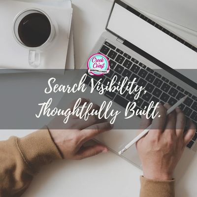 Person using laptop with coffee, text promoting thoughtful search visibility.