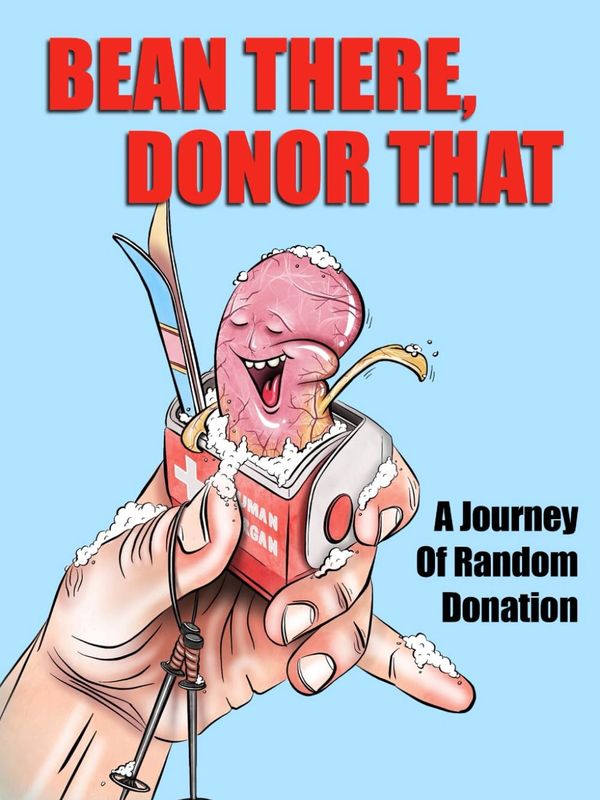 A hand holds a happy kidney cartoon in a medicine box with text about donation.