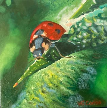 A vibrant painting of a ladybug on a green leaf.