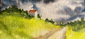Watercolor painting of a house on a hill with a cloudy sky.