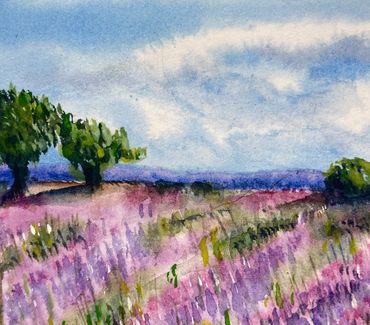 Watercolor, landscape, lavender, purple, French countryside