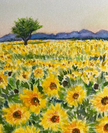 Watercolor, landscape, sunflowers