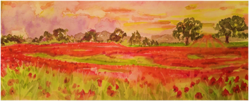Vibrant watercolor landscape of a red poppy field under a colorful sunset sky.