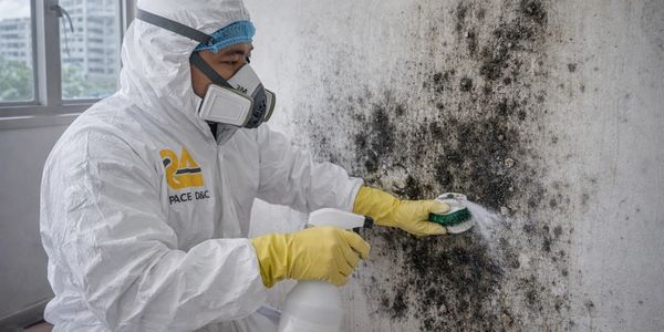Person in protective gear cleaning mold off a wall with spray and brush.