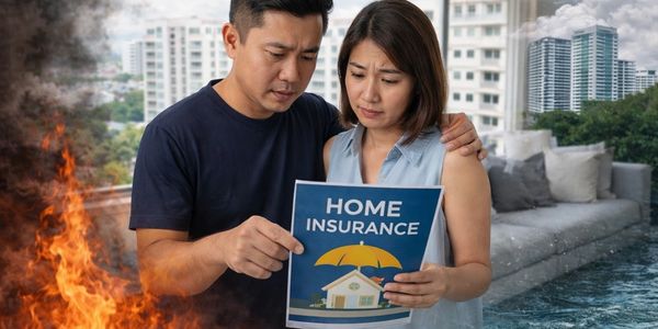 Worried couple reviews home insurance amid a fire and flood.