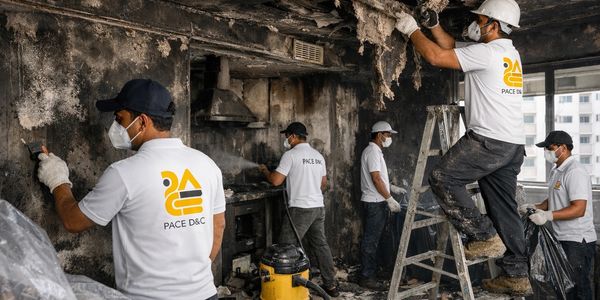 Workers in protective gear cleaning a heavily damaged room.