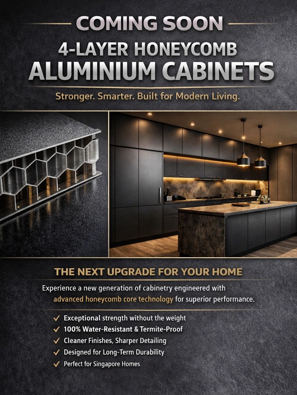Introducing 4-layer honeycomb aluminium cabinets with superior strength and durability for modern homes.
