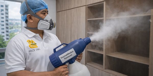 Technician wearing mask sprays formaldehyde remover on wooden shelves.