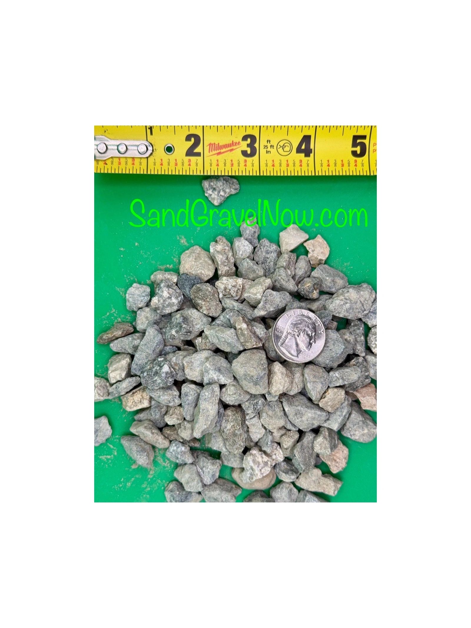 Pile of gray gravel rocks with a quarter for scale and a tape measure above.