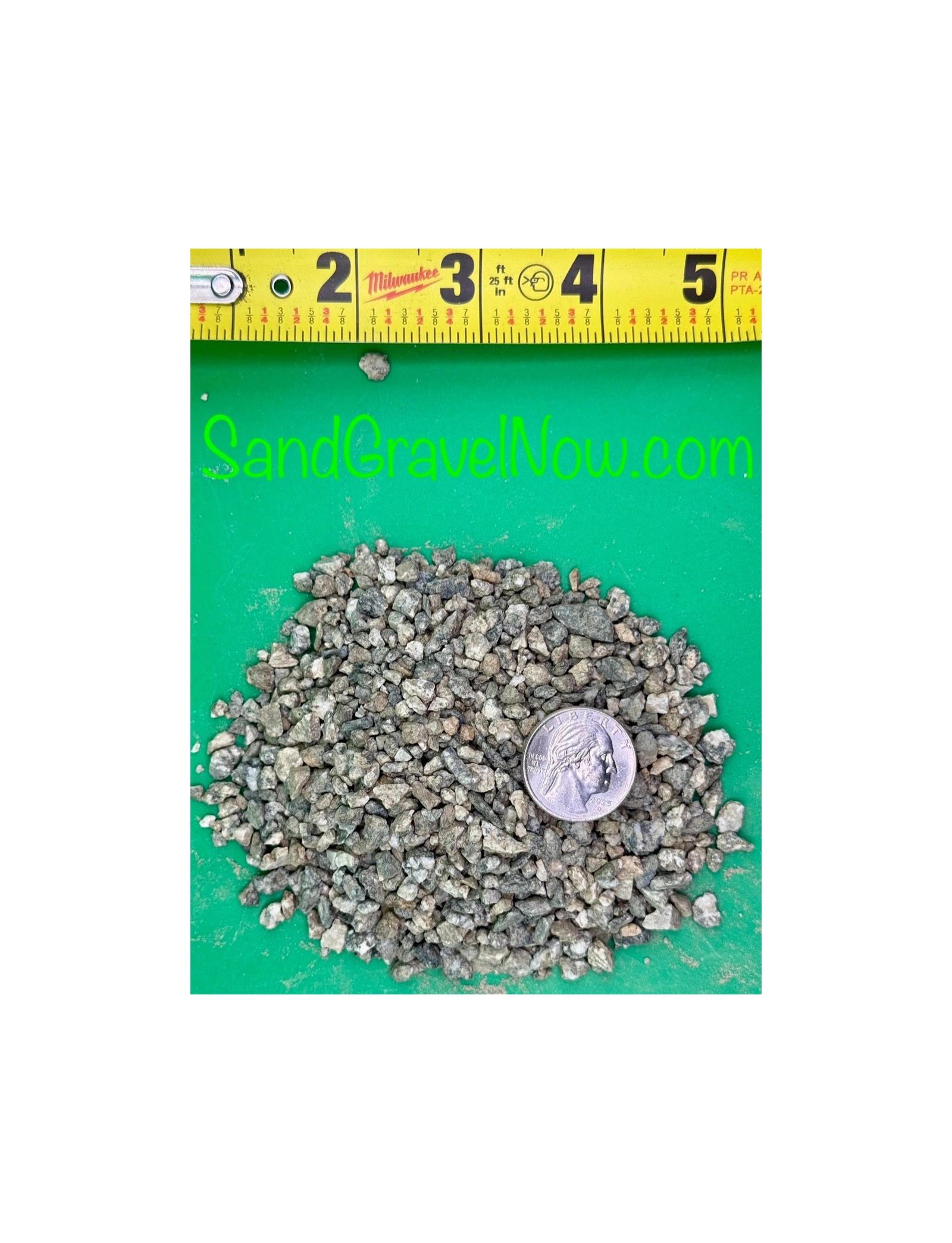 Small gravel pieces measured with a tape and quarter coin.