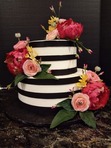Black white stripe, flowers, pink, red birthday cake