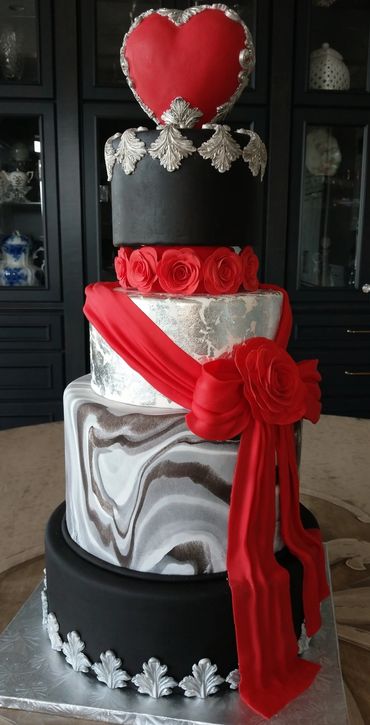 Black, white, silver, red, heart wedding  cake