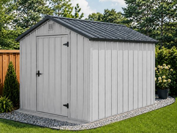 A gray garden shed with a black roof in a backyard.