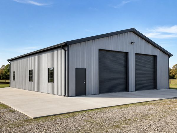 Modern grey metal garage with two large roll-up doors and a side entry door.