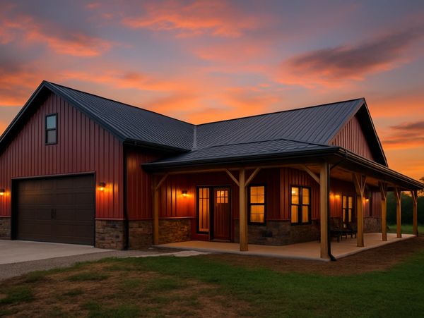 Modern barn-style house glowing warmly at sunset.