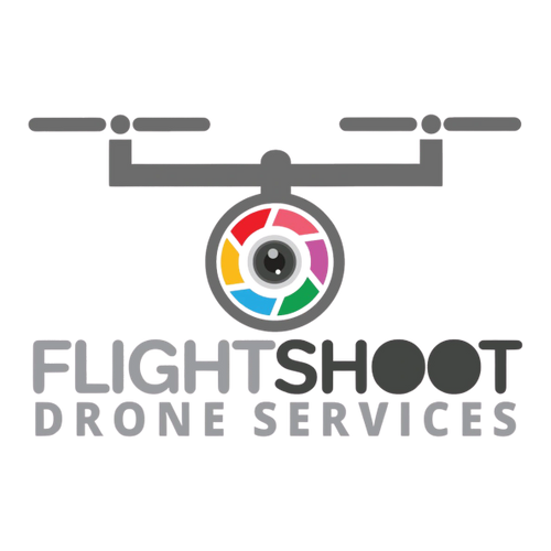 Logo featuring a drone with a colorful camera lens and text 'Flight Shoot Drone Services'.