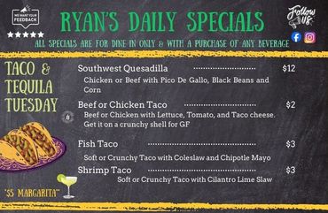 Ryan's taco and tequila specials menu with various taco options and daily deals.
