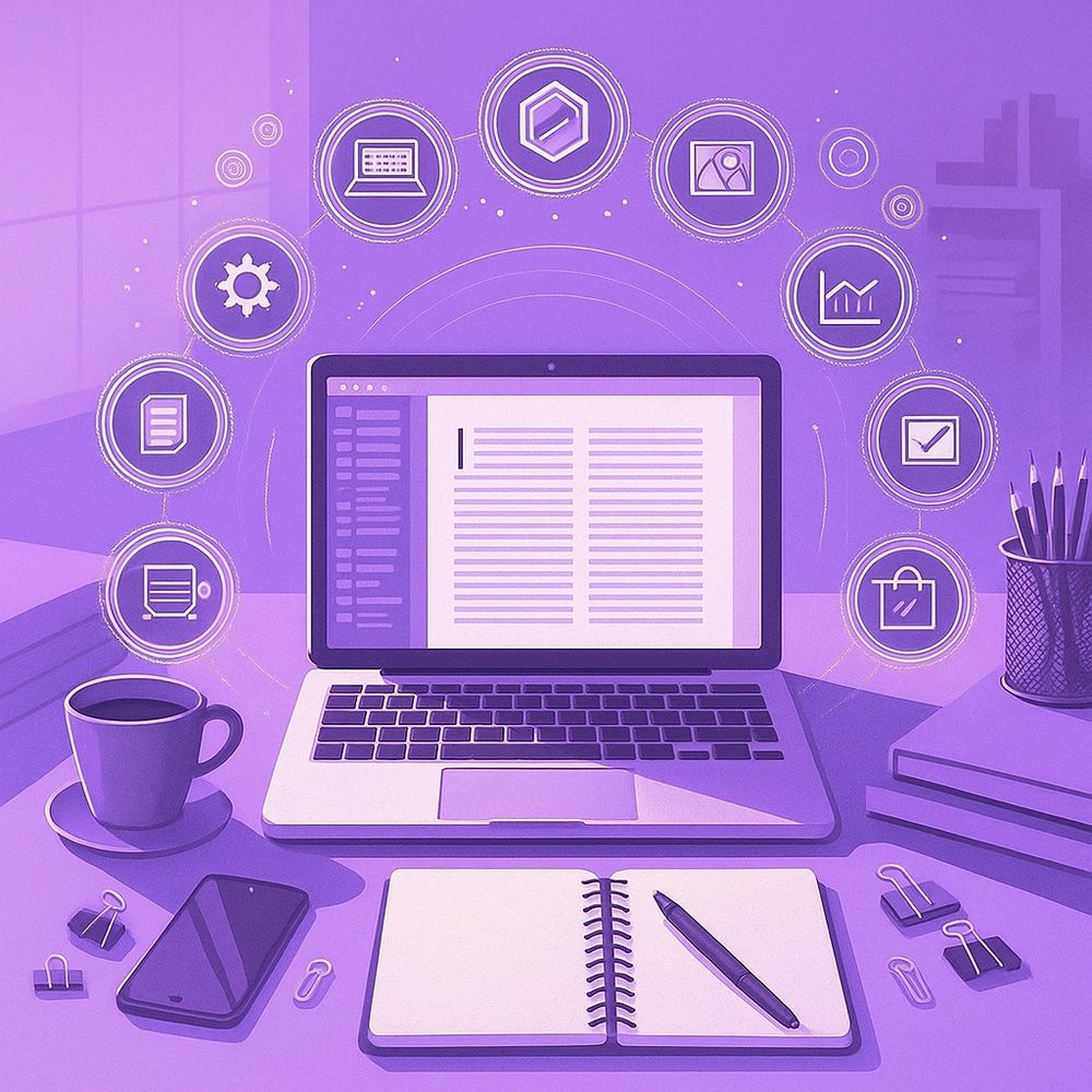 Digital workspace with laptop, notebook, and icons representing productivity tools.