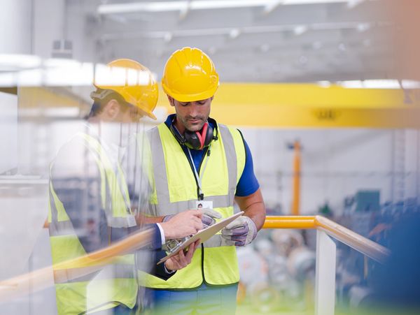 Supervisor and worker talking in steel factory 