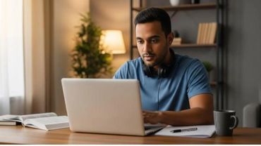 Jovem estudante, 20 anos, usa  t-shirt azul, em ambiente de sala, estuda em frente a um notebook.