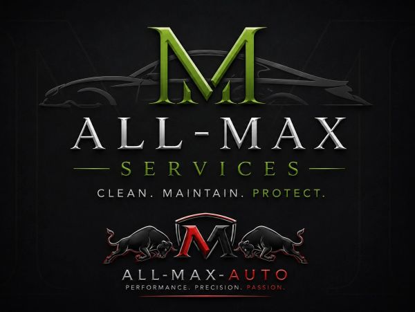Logo design for All-Max Services and All-Max Auto with car and bull motifs.