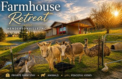 Farmhouse retreat with animals and peaceful views.
