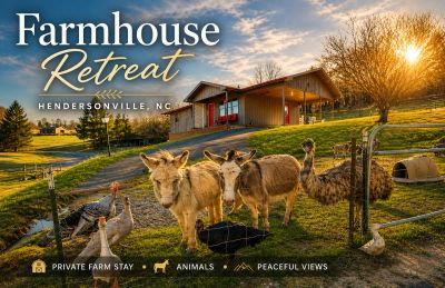 Farmhouse retreat with animals and peaceful views.