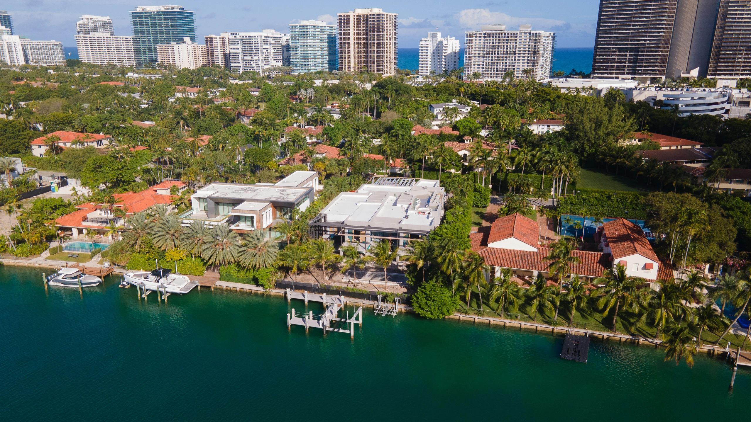 Drone view of luxury home construction progress in Bal Harbor, Miami