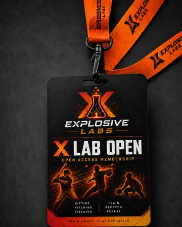Black and orange sports membership card with baseball players and Explosive Labs logo.