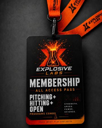 Explosive Labs membership all access pass with vibrant flaming logo and program details.