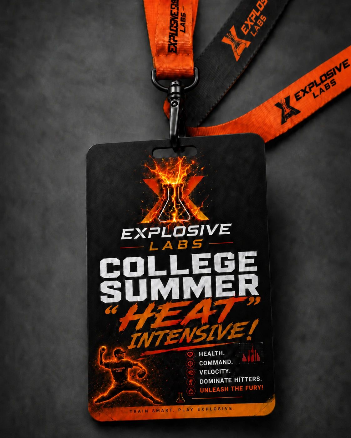 College summer training badge with explosive fiery design and motivational sports text.