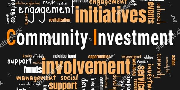 Word cloud highlighting community investment, involvement, and initiatives.