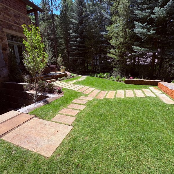 Stone pathway crossing a lush green lawn beside a house in a forested area.